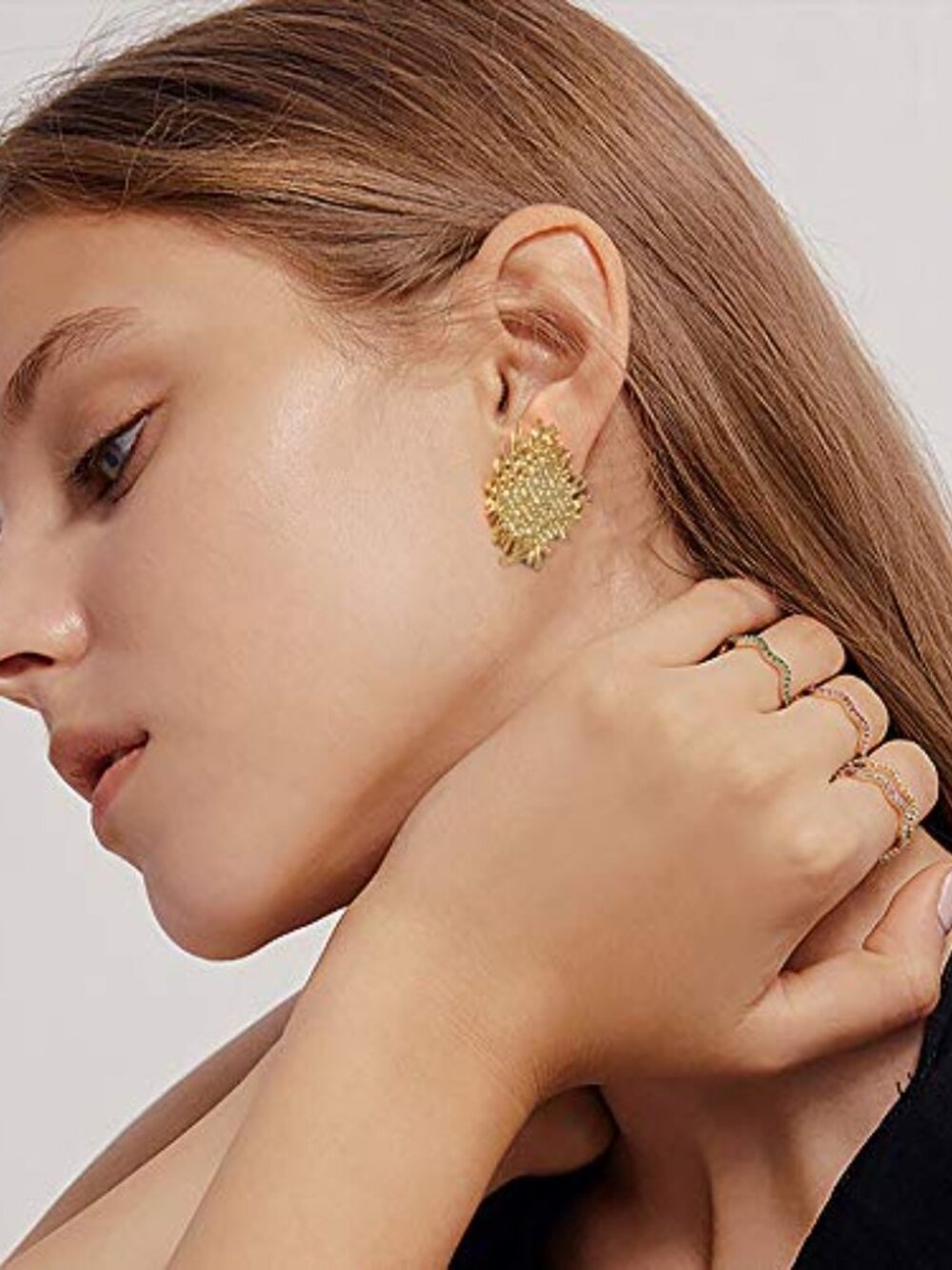 Gold Statement Ears for Women Flat‎ Woven Texture Stud Ears 925 Sterling Silver